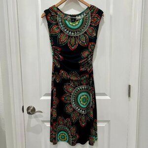Black Paisley Ruched Dress Multicolor Patterned Below Knee Modest Midi Dress